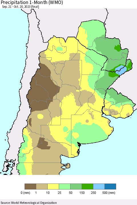 Southern South America Precipitation 1-Month (WMO) Thematic Map For 9/21/2023 - 10/20/2023