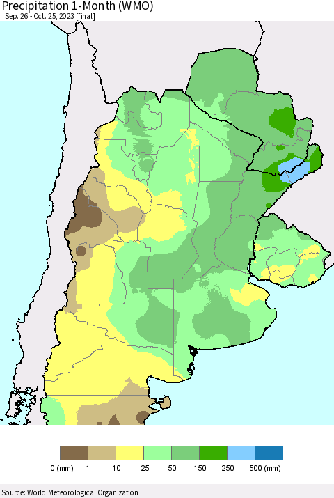 Southern South America Precipitation 1-Month (WMO) Thematic Map For 9/26/2023 - 10/25/2023