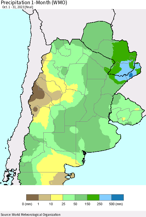 Southern South America Precipitation 1-Month (WMO) Thematic Map For 10/1/2023 - 10/31/2023