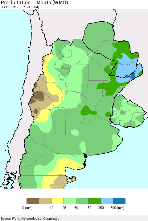 Southern South America Precipitation 1-Month (WMO) Thematic Map For 10/6/2023 - 11/5/2023