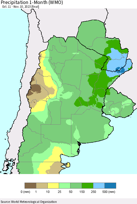 Southern South America Precipitation 1-Month (WMO) Thematic Map For 10/11/2023 - 11/10/2023