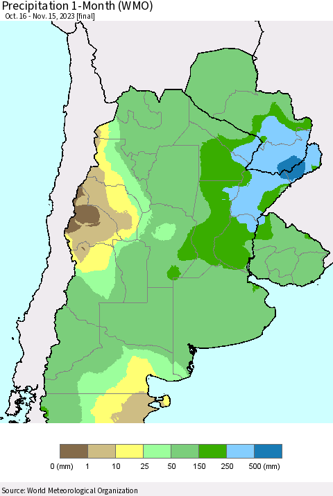 Southern South America Precipitation 1-Month (WMO) Thematic Map For 10/16/2023 - 11/15/2023