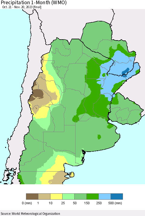Southern South America Precipitation 1-Month (WMO) Thematic Map For 10/21/2023 - 11/20/2023