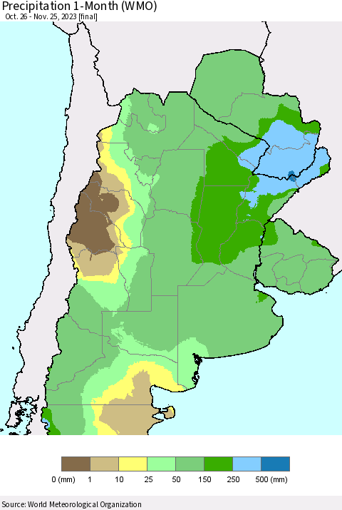 Southern South America Precipitation 1-Month (WMO) Thematic Map For 10/26/2023 - 11/25/2023