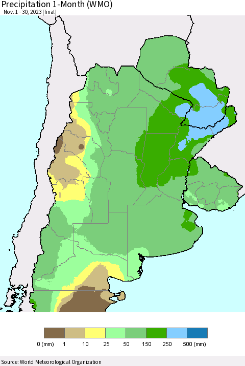 Southern South America Precipitation 1-Month (WMO) Thematic Map For 11/1/2023 - 11/30/2023