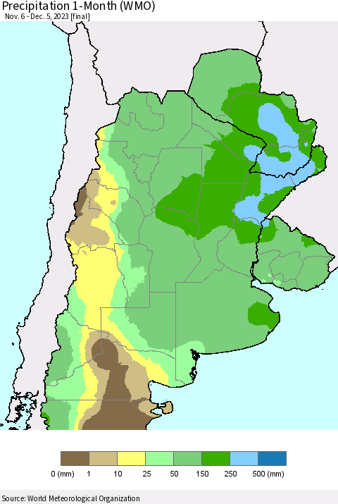 Southern South America Precipitation 1-Month (WMO) Thematic Map For 11/6/2023 - 12/5/2023