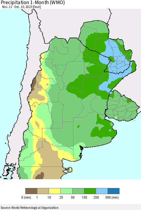Southern South America Precipitation 1-Month (WMO) Thematic Map For 11/11/2023 - 12/10/2023