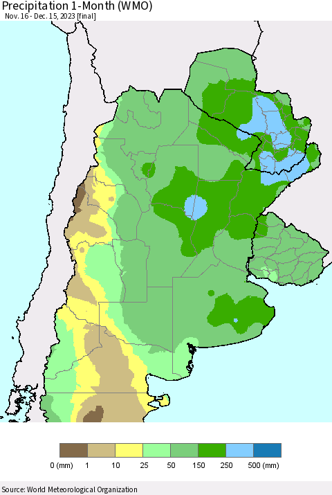 Southern South America Precipitation 1-Month (WMO) Thematic Map For 11/16/2023 - 12/15/2023