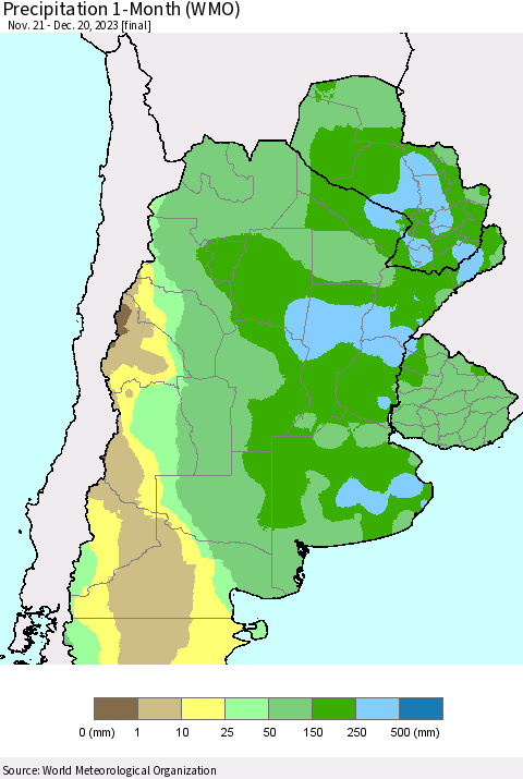 Southern South America Precipitation 1-Month (WMO) Thematic Map For 11/21/2023 - 12/20/2023