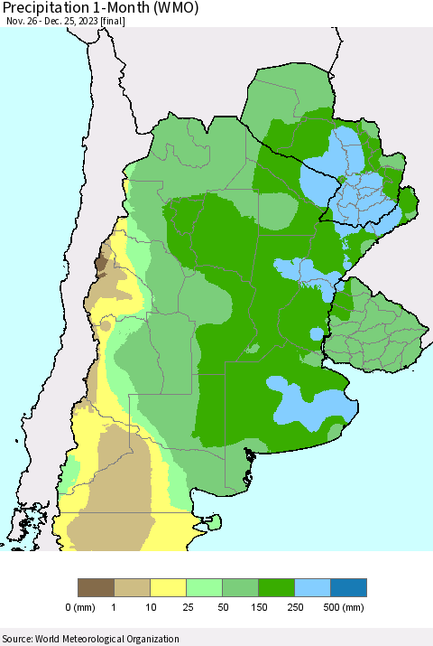 Southern South America Precipitation 1-Month (WMO) Thematic Map For 11/26/2023 - 12/25/2023