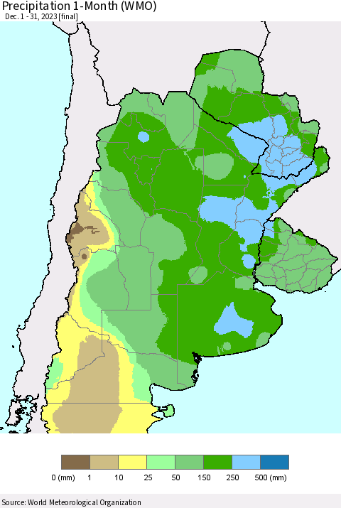 Southern South America Precipitation 1-Month (WMO) Thematic Map For 12/1/2023 - 12/31/2023