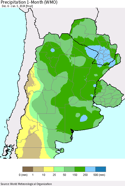 Southern South America Precipitation 1-Month (WMO) Thematic Map For 12/6/2023 - 1/5/2024