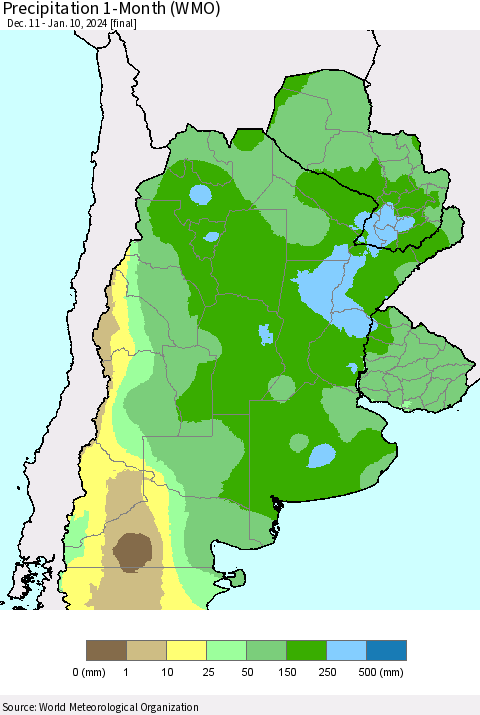 Southern South America Precipitation 1-Month (WMO) Thematic Map For 12/11/2023 - 1/10/2024