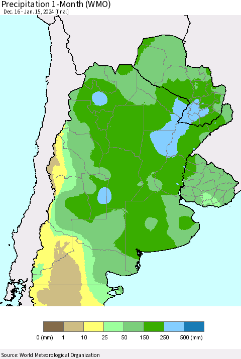Southern South America Precipitation 1-Month (WMO) Thematic Map For 12/16/2023 - 1/15/2024