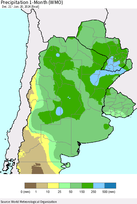 Southern South America Precipitation 1-Month (WMO) Thematic Map For 12/21/2023 - 1/20/2024
