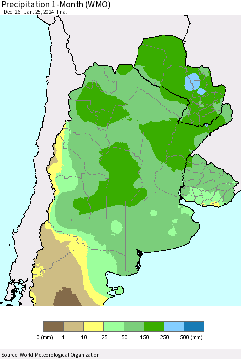Southern South America Precipitation 1-Month (WMO) Thematic Map For 12/26/2023 - 1/25/2024