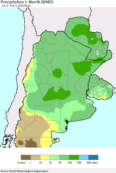 Southern South America Precipitation 1-Month (WMO) Thematic Map For 1/6/2024 - 2/5/2024