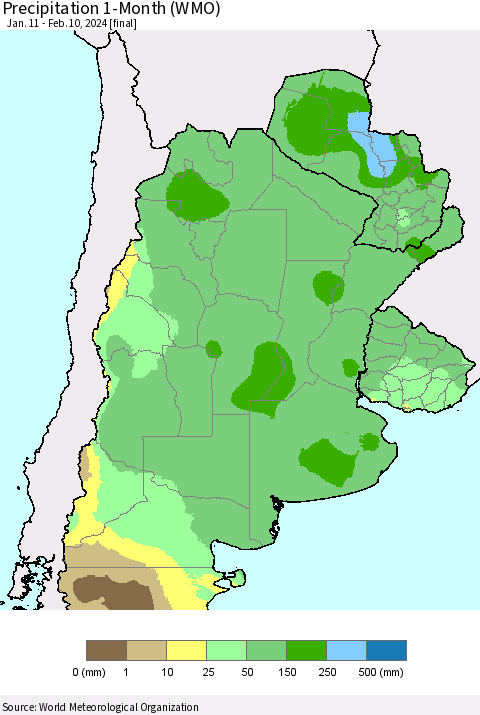 Southern South America Precipitation 1-Month (WMO) Thematic Map For 1/11/2024 - 2/10/2024