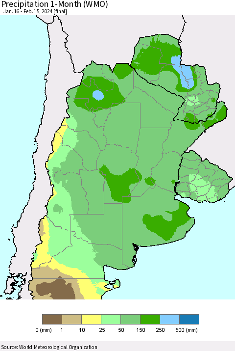 Southern South America Precipitation 1-Month (WMO) Thematic Map For 1/16/2024 - 2/15/2024