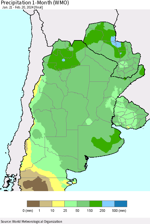 Southern South America Precipitation 1-Month (WMO) Thematic Map For 1/21/2024 - 2/20/2024