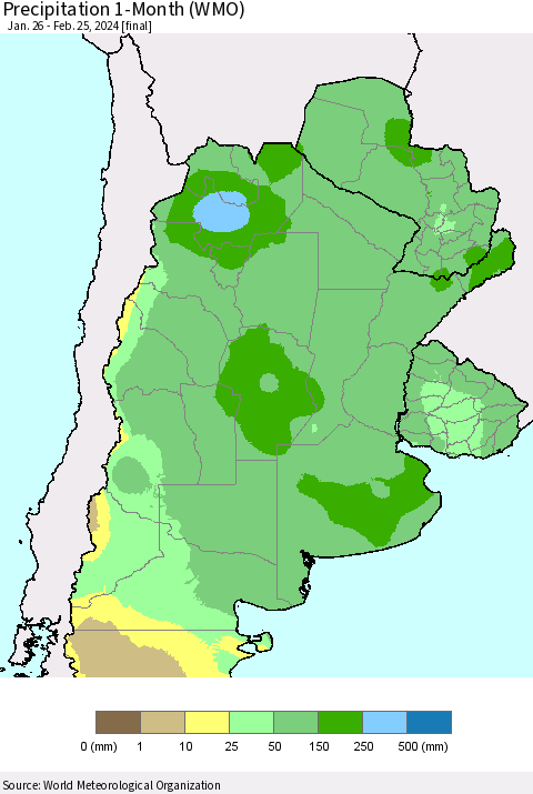 Southern South America Precipitation 1-Month (WMO) Thematic Map For 1/26/2024 - 2/25/2024