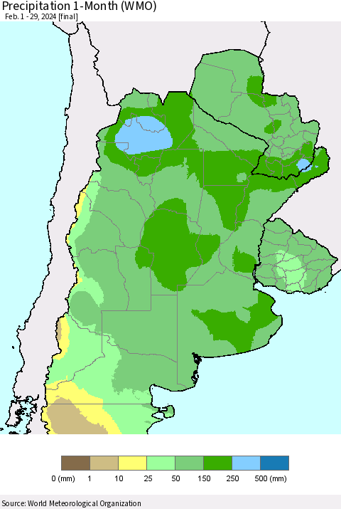 Southern South America Precipitation 1-Month (WMO) Thematic Map For 2/1/2024 - 2/29/2024