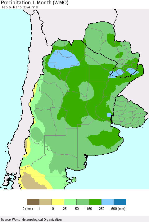 Southern South America Precipitation 1-Month (WMO) Thematic Map For 2/6/2024 - 3/5/2024