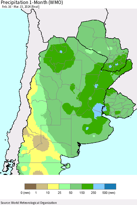 Southern South America Precipitation 1-Month (WMO) Thematic Map For 2/16/2024 - 3/15/2024