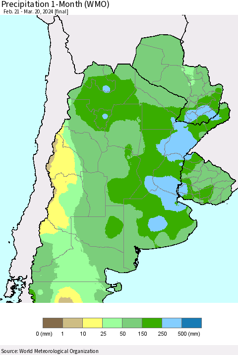 Southern South America Precipitation 1-Month (WMO) Thematic Map For 2/21/2024 - 3/20/2024