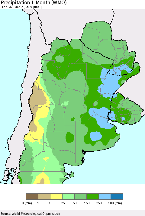 Southern South America Precipitation 1-Month (WMO) Thematic Map For 2/26/2024 - 3/25/2024