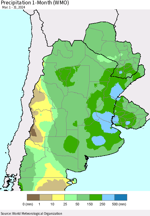 Southern South America Precipitation 1-Month (WMO) Thematic Map For 3/1/2024 - 3/31/2024