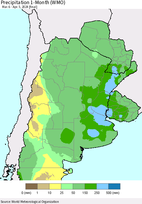 Southern South America Precipitation 1-Month (WMO) Thematic Map For 3/6/2024 - 4/5/2024