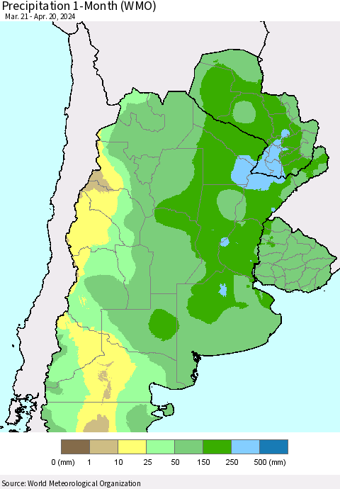 Southern South America Precipitation 1-Month (WMO) Thematic Map For 3/21/2024 - 4/20/2024