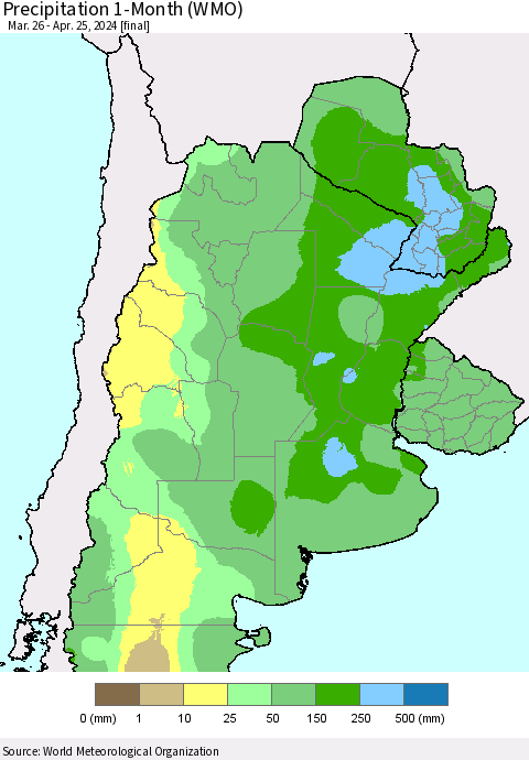 Southern South America Precipitation 1-Month (WMO) Thematic Map For 3/26/2024 - 4/25/2024