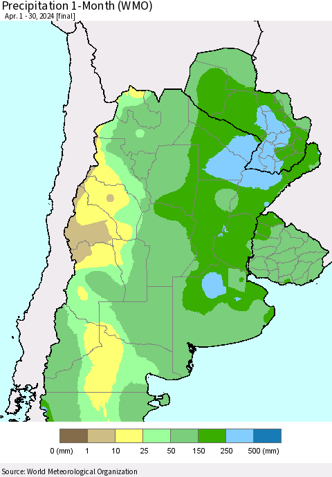 Southern South America Precipitation 1-Month (WMO) Thematic Map For 4/1/2024 - 4/30/2024