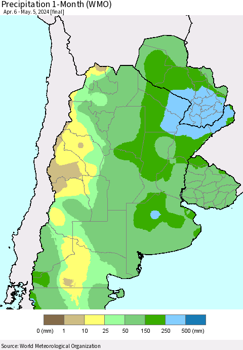 Southern South America Precipitation 1-Month (WMO) Thematic Map For 4/6/2024 - 5/5/2024