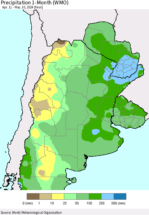 Southern South America Precipitation 1-Month (WMO) Thematic Map For 4/11/2024 - 5/10/2024