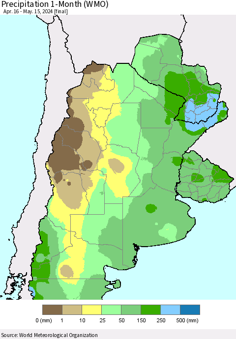 Southern South America Precipitation 1-Month (WMO) Thematic Map For 4/16/2024 - 5/15/2024