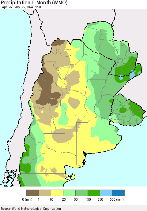 Southern South America Precipitation 1-Month (WMO) Thematic Map For 4/26/2024 - 5/25/2024