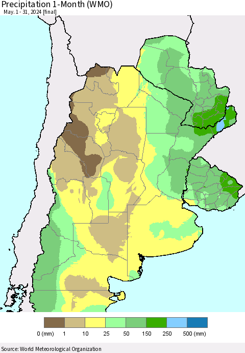 Southern South America Precipitation 1-Month (WMO) Thematic Map For 5/1/2024 - 5/31/2024