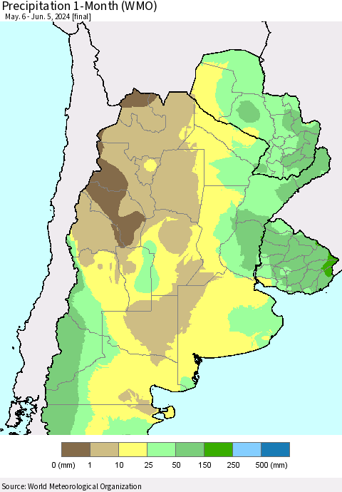 Southern South America Precipitation 1-Month (WMO) Thematic Map For 5/6/2024 - 6/5/2024
