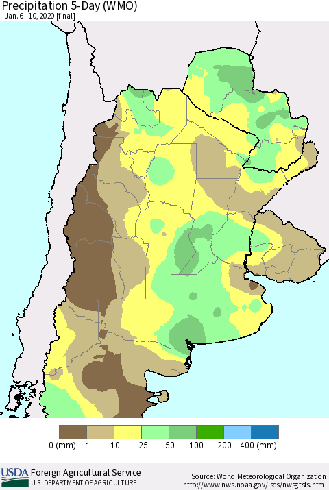 Southern South America Precipitation 5-Day (WMO) Thematic Map For 1/6/2020 - 1/10/2020