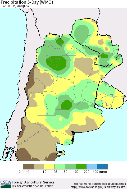 Southern South America Precipitation 5-Day (WMO) Thematic Map For 1/11/2020 - 1/15/2020
