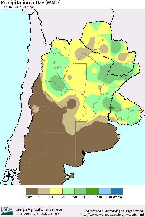 Southern South America Precipitation 5-Day (WMO) Thematic Map For 1/16/2020 - 1/20/2020