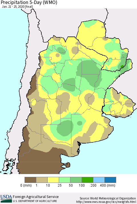 Southern South America Precipitation 5-Day (WMO) Thematic Map For 1/21/2020 - 1/25/2020