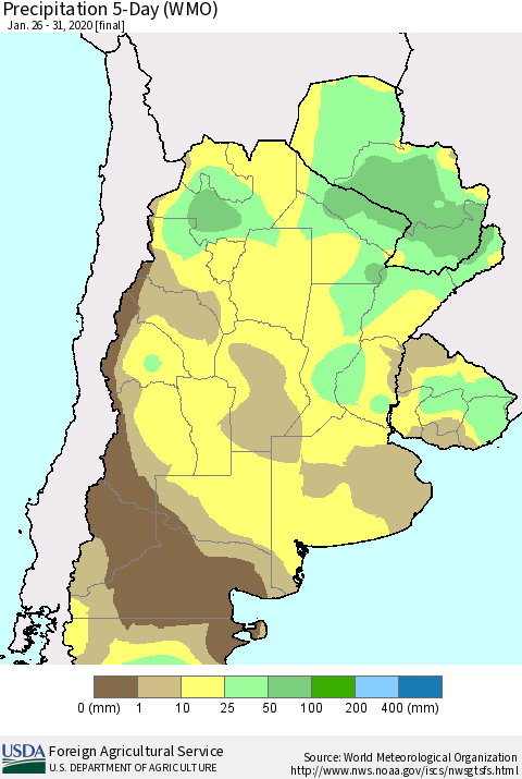 Southern South America Precipitation 5-Day (WMO) Thematic Map For 1/26/2020 - 1/31/2020