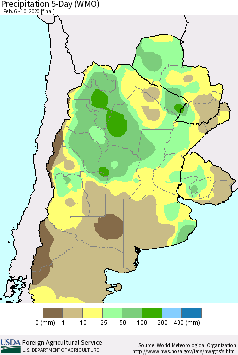 Southern South America Precipitation 5-Day (WMO) Thematic Map For 2/6/2020 - 2/10/2020