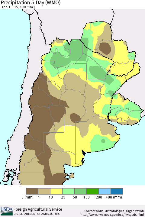 Southern South America Precipitation 5-Day (WMO) Thematic Map For 2/11/2020 - 2/15/2020