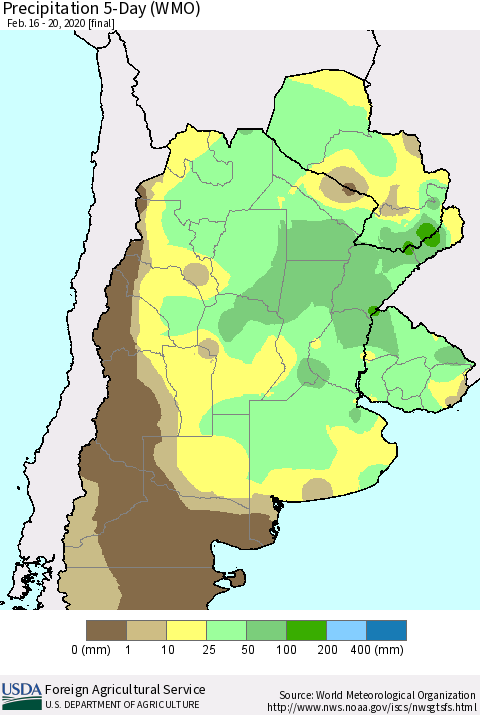 Southern South America Precipitation 5-Day (WMO) Thematic Map For 2/16/2020 - 2/20/2020