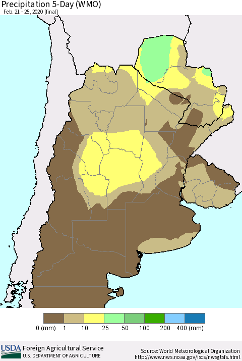 Southern South America Precipitation 5-Day (WMO) Thematic Map For 2/21/2020 - 2/25/2020